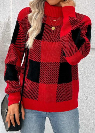 Modlily Red Tummy Coverage Plaid Long Sleeve High Neck Sweater - L