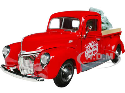 1940 Ford Pickup Truck Red Merry Christmas with Tree Accessory 1/24 Diecast Model Car by Motormax