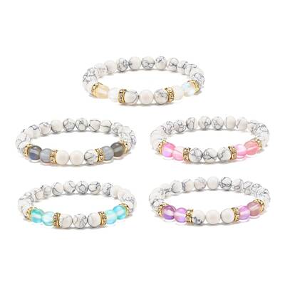 Synthetic Moonstone & Howlite Round Beaded Stretch Bracelet
