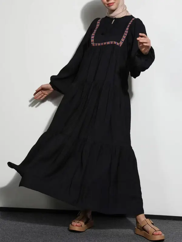 Women's Embroidery Ruffle Hem Arabian Dress, Modest Bishop Sleeve Tie Neck Long Dress for Daily Wear, Ladies Islamic Clothing...