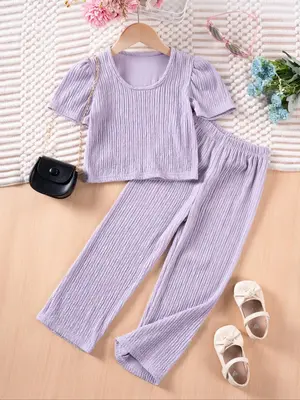Two-Piece Set Girl's Solid Color Top & Pants Set, Casual Round Neck Short Sleeve Top & Trousers, Summer Clothes for Kids, Clo...