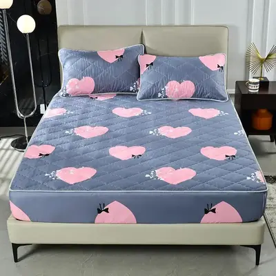 Heart Print Fitted Sheet & Pillowcase without Filler (3 Counts/set), Comfortable Warm Bedspread, Soft Bedding Set for Bedroom...