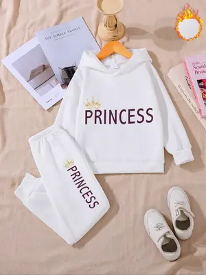 Girls' Fall & Winter Fleece Lined Casual Set, Long Sleeve Hooded Sweatshirt, Crown Print, Polyester, Perfect Gift for Kids, C...