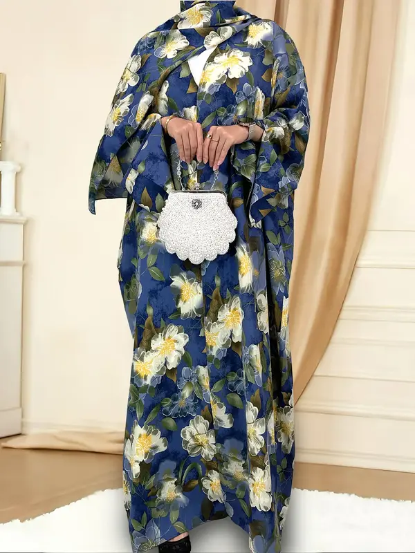 [Includes Hijab Gift] Women's Art Print Batwing Sleeve Long Robe Cardigan Set, Loose-Fitting Vacation Style with Pockets