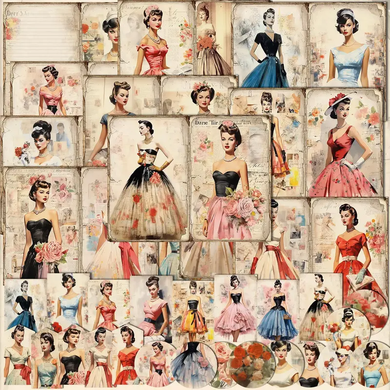Vintage Girl Theme Journal Paper Set, 58pcs/set Including 46pcs Sticker & 12pcs Scrapbook Paper, DIY Scrapbooking & Journal M...