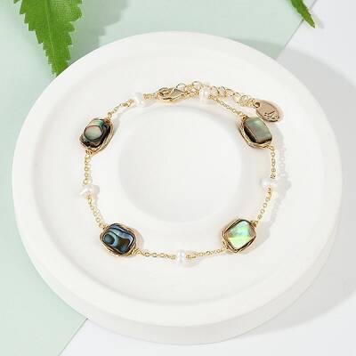 Rectangle Brass Abalone Shell Link Bracelets