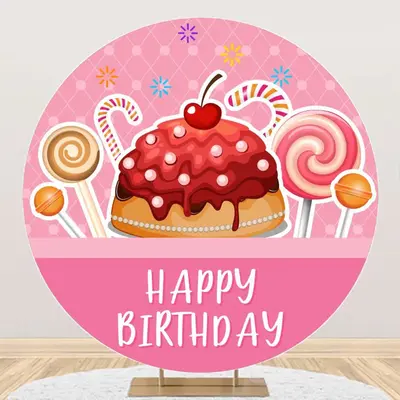 Pink Cake Candyland Round Happy Birthday Backdrop