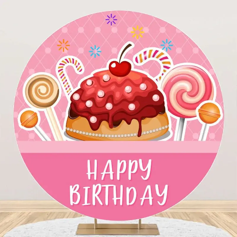 Pink Cake Candyland Round Happy Birthday Backdrop