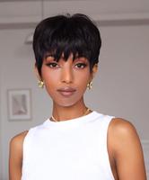 Lamilli Hair Short Pixie Cut Wig Straight Virgin Brazilian Human Hair Natural Black Burgundy Color With Bangs Full Machine Re...