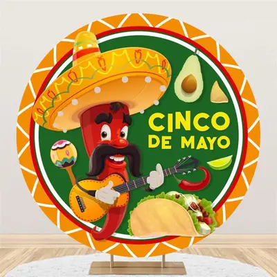 Cartoon Chili Hat Taco Round Mexican Fiesta Backdrop - Aperturee