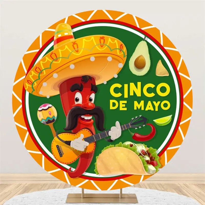 Cartoon Chili Hat Taco Round Mexican Fiesta Backdrop - Aperturee