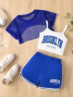 Three-piece Set Girl's Colorblock Letter Print Crop Tank Top & Mesh Crop Top & Shorts Set, Casual Sleeveless Round Neck Top &...