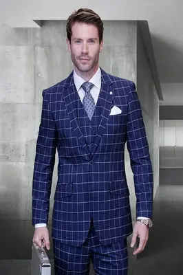 Plaid Men's 3 Piece Wool Suit Classic Windowpane Plaid Modern Fit