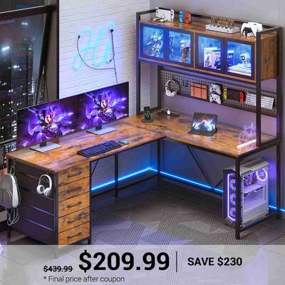 SEDETA | 62 Inch L Shaped LED Gaming Desk with Drawers and Display Cabinets Computer Desk with Power Outlet and Pegboard Rust...