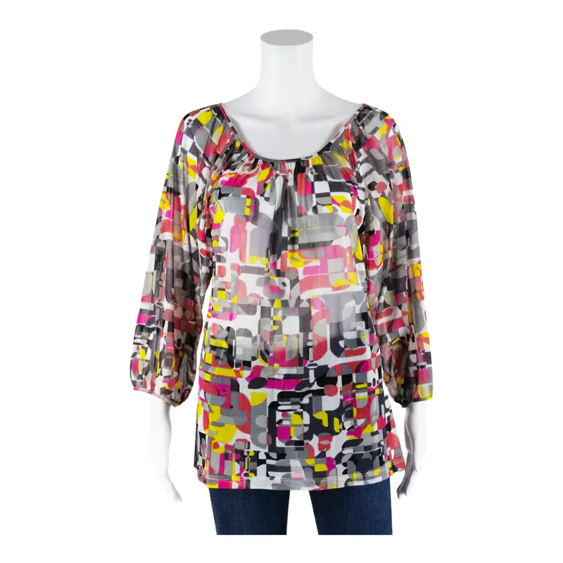 Mesh Top Grey Crazy Pattern Long Sleeve Womens L