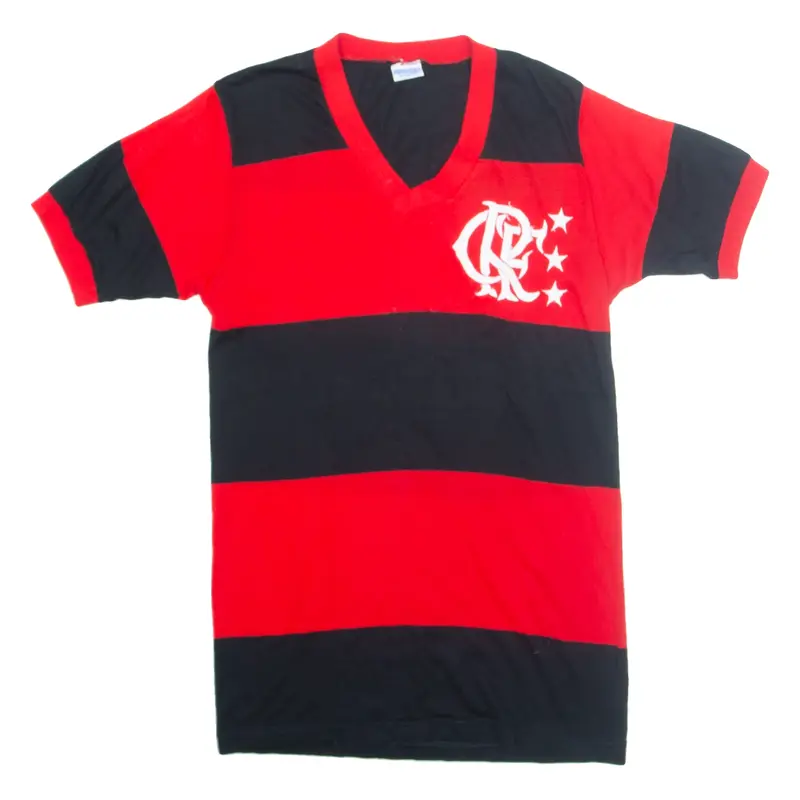 CAMNEA 1980-83 Flamengo Home Striped Mens T-Shirt Red V-Neck XS