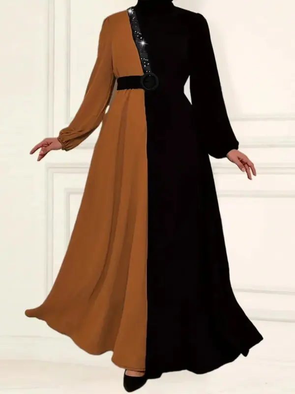 Women's  Colorblock  Arabian  Dress, Modest Round Neck Long Sleeve Dress for Daily Wear, Ladies Clothes for All Seasons