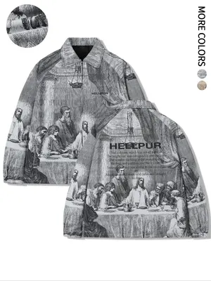 Men's Regular Fit Figure & Letter Print Pocket Zip Up Jacket, Casual Long Sleeve Collar Outerwear for Spring & Fall, Jackets ...