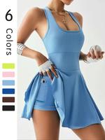 Women's Solid Color Sports Dress, Sporty Sleeveless Tennis Dress for Daily Outdoor Wear, Ladies Sportswear for Summer, Workou...