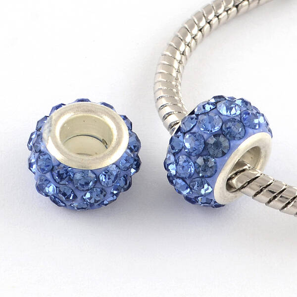 Polymer Clay Rhinestone European Large Hole Beads with Silver Color Plated Brass Cores