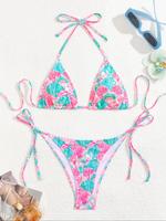 New Sexy Striped Floral Print Bikini Set, Tie-Side Triangle Cup Swimwear for Women, Casual Fit for All Seasons, Ages 18 to 64