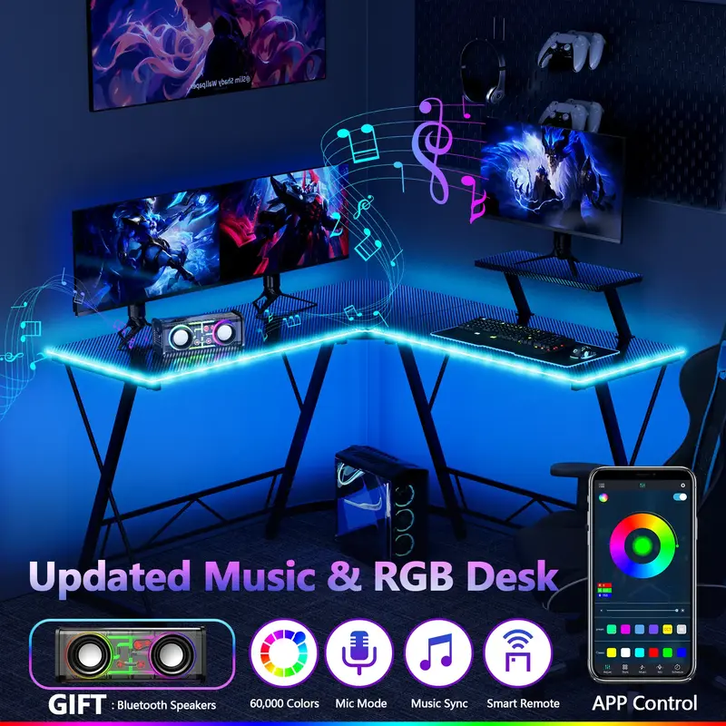 【With Cool Speaker】Mr IRONSTONE L Shaped Gaming Desk with Led Lights, Corner Computer Desk with Carbon Fiber Surface,L sh...