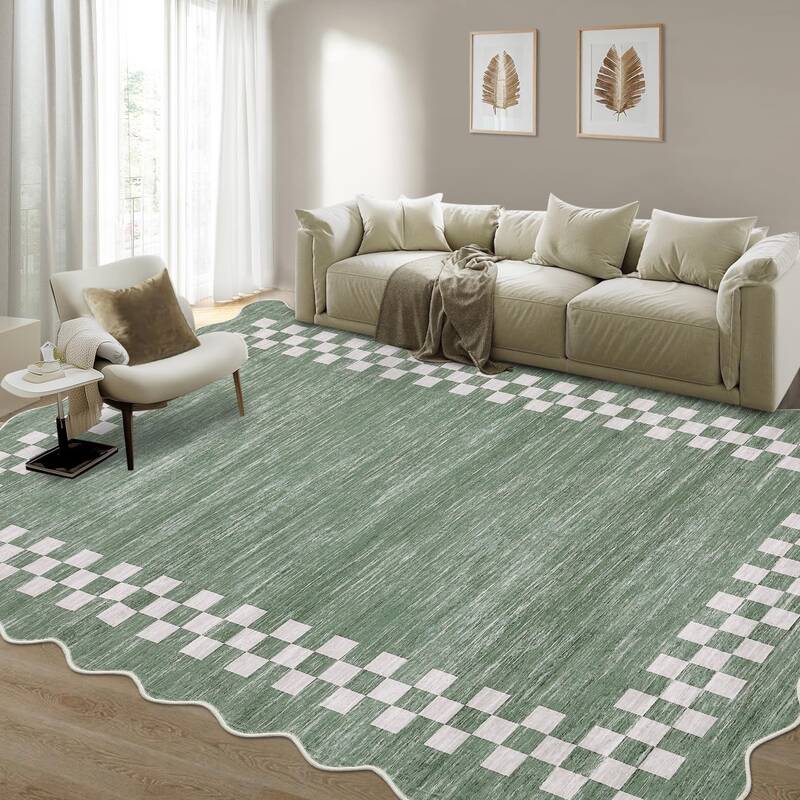 Garvee Bordered Green 9x12 Area Rug Machine Washable Non-Slip Low Pile Soft Plush Polyester Durable Fade-Resistant Green Livi...