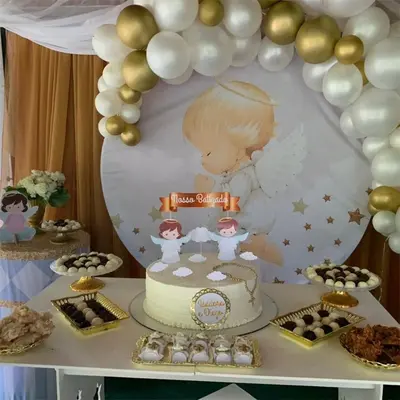 Aperturee White And Glitter Angle Circle Baby Shower Backdrop | Round Backdrop Cover Diy | Circle Backdrop Baby Shower | Circ...