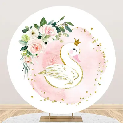 White Pink Floral Leaf Swan Round Birthday Backdrop - Aperturee
