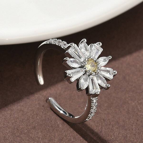 Flower Brass Micro Pave Cubic Zirconia Cuff Rings for Women