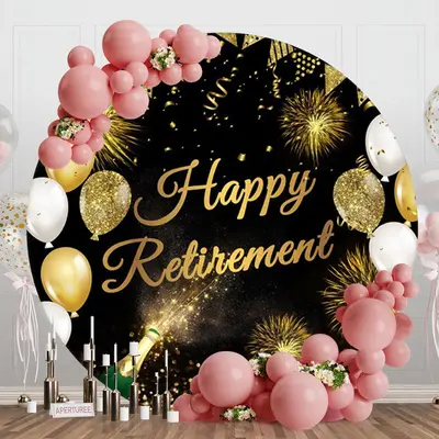 Round Gold Glitter Balloon Happy Retirement Backdrop - Aperturee