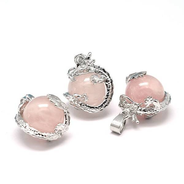 Dragon Platinum Plated Brass Natural Rose Quartz Pendants