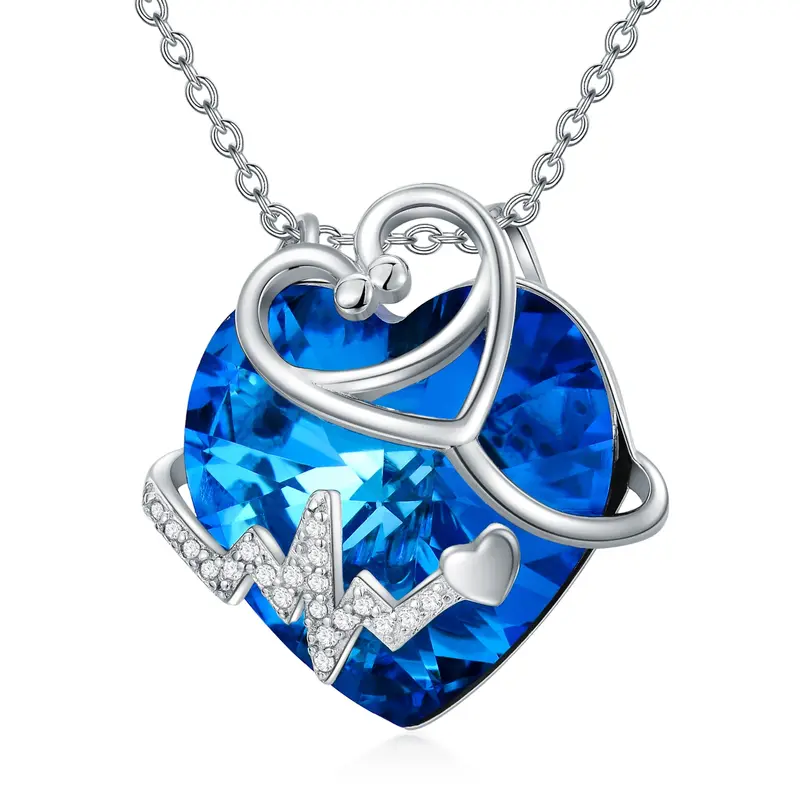 Sterling Silver Heart & Stethoscope Crystal Pendant Necklace