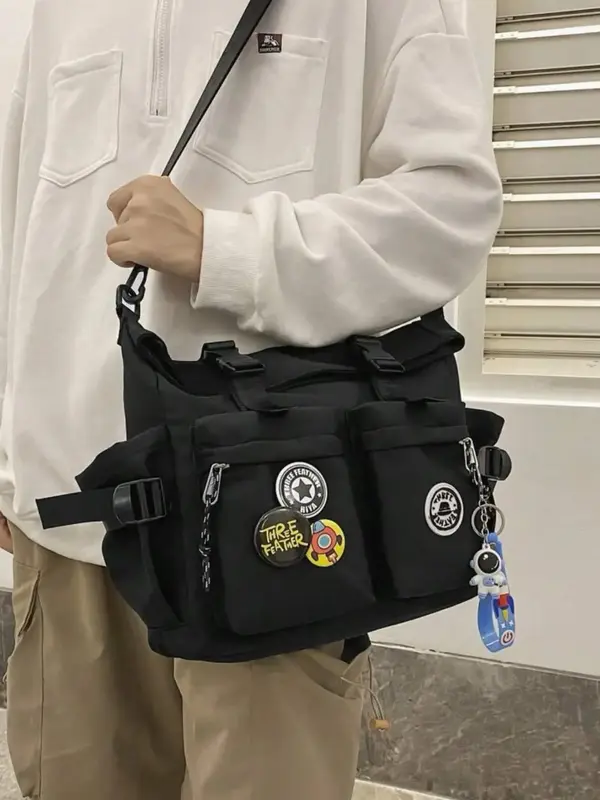 Women's Casual Large Volume Multi-pocket Zipper Crossbody Bag, Summer Letter Patch Solid Color Messenger Bag for Daily Use ( ...