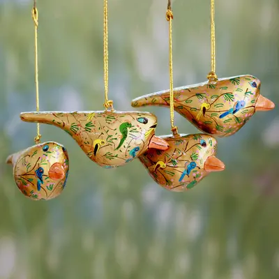 NOVICA Peace and Joy Handcrafted Golden Papier Mache Bird Ornaments (set of 4)