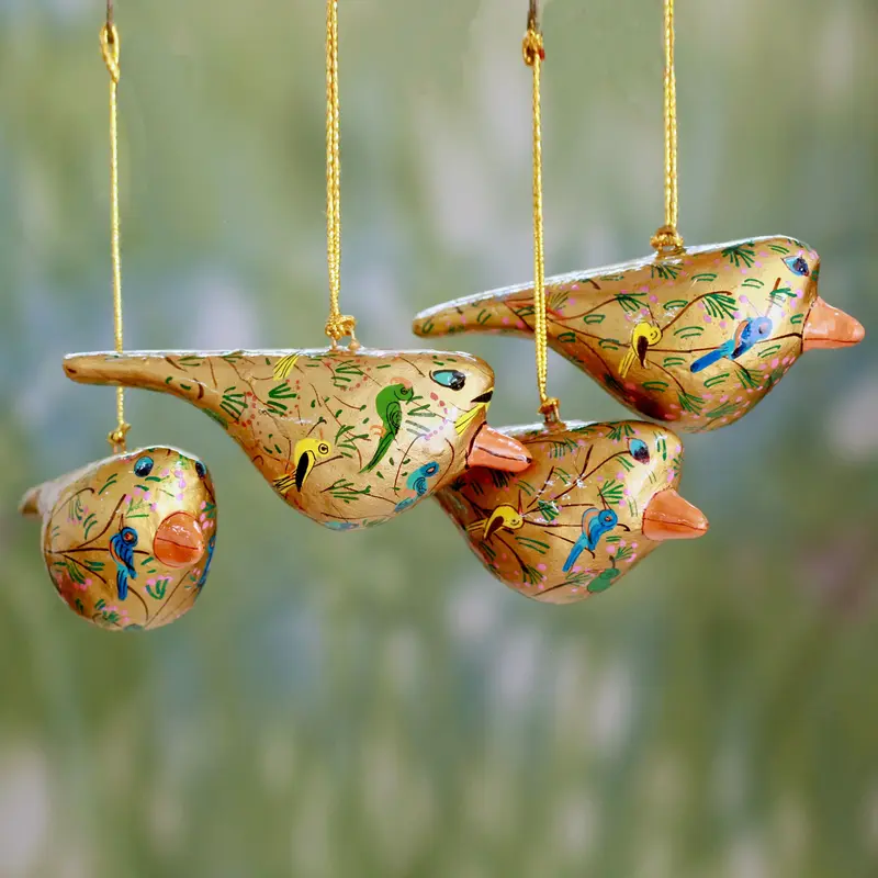 NOVICA Peace and Joy Handcrafted Golden Papier Mache Bird Ornaments (set of 4)
