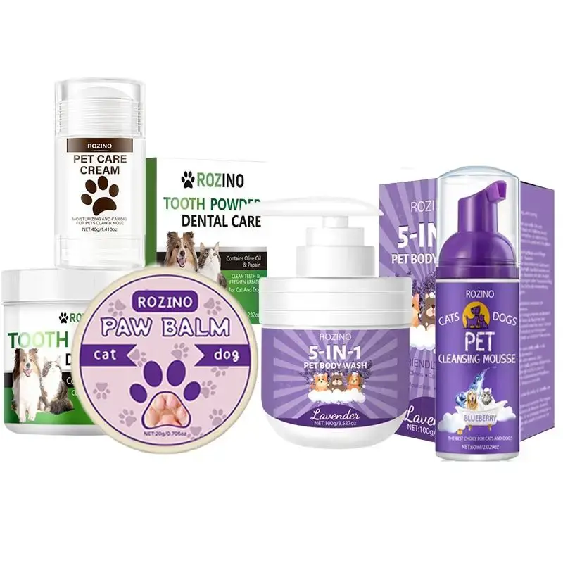Pet Cleaning Kit, 5 Counts/set Pet Shampoo & Pet Paw Care Cream & Cleansing Mousse & Teeth Powder & Body Wash Set, Pet Groomi...