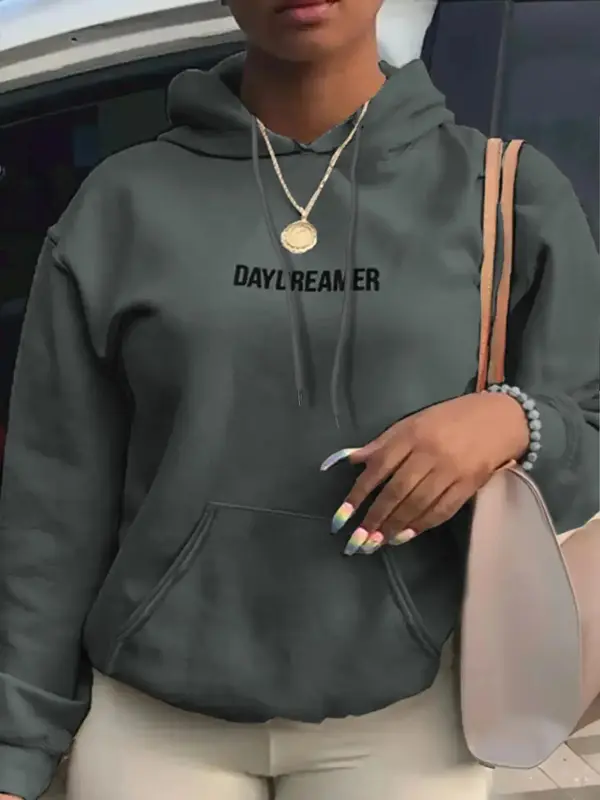 Lovelywholesale Women's Letter Print Drop Shoulder Hoodie, Vintage Pocket Drawstring Hooded Sweatshirt, Women Clothes, Posit...