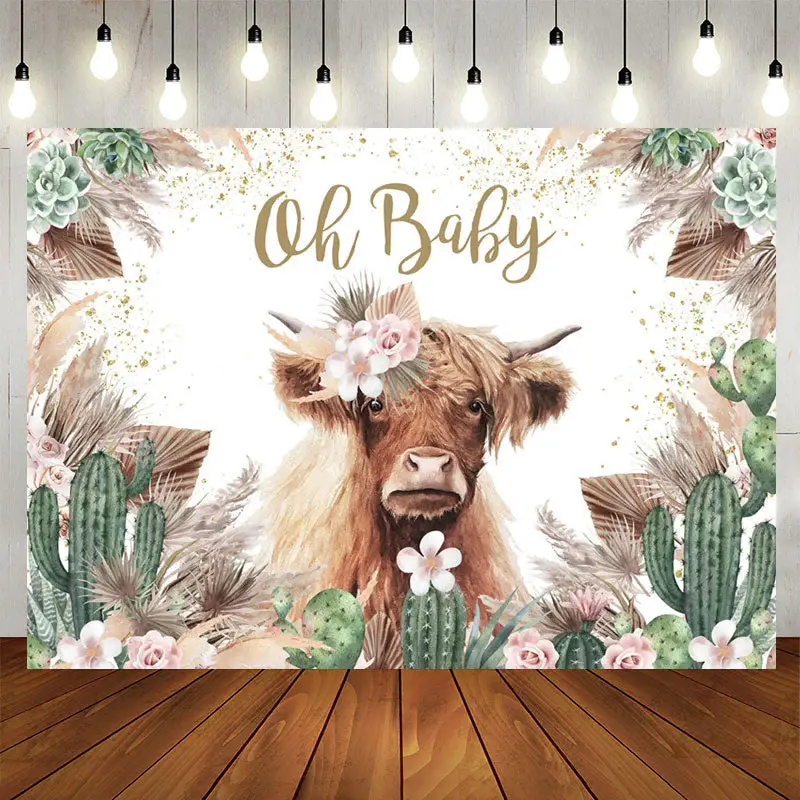Aperturee Floral Cow With Cactus Boho Baby Shower Backdrop