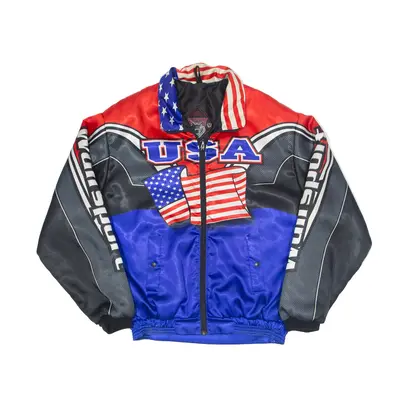 WULFSPORT Signed USA Insulated Bomber Jacket Blue Nylon 90s Colourblock Mens L