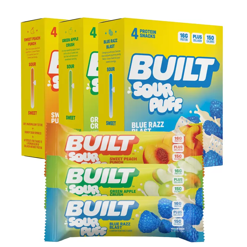 BUILT Sour Puff Variety Box, Blue Razz Blast Puff , Green Apple Crush Puff, Sweet Peach Punch Puff
