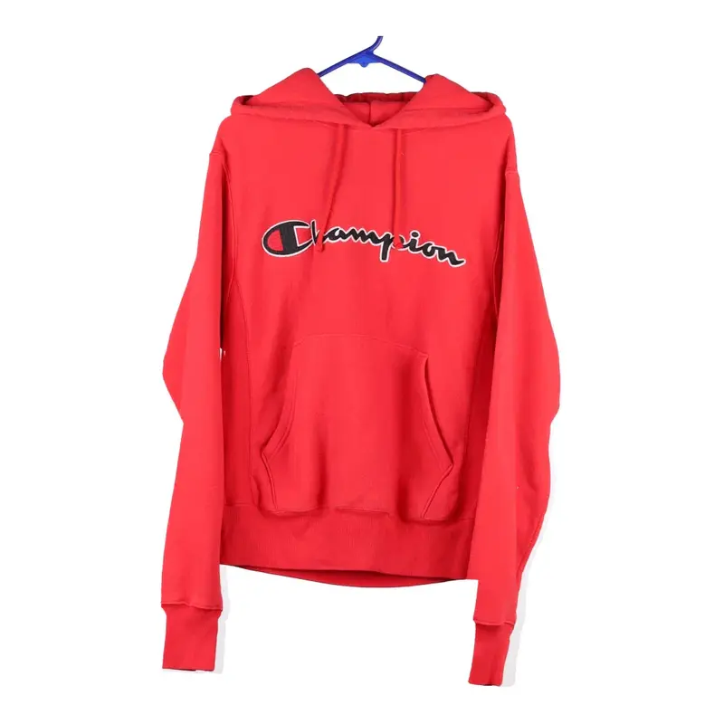 Champion Spellout Hoodie - Small Red Cotton Blend