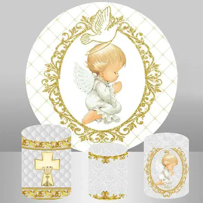 Aperturee Circle Gold Line Dove Baby Shower Backdrop For Party | Round Party Backdrop | Round Baby Shower Backdrop | Baby Sho...
