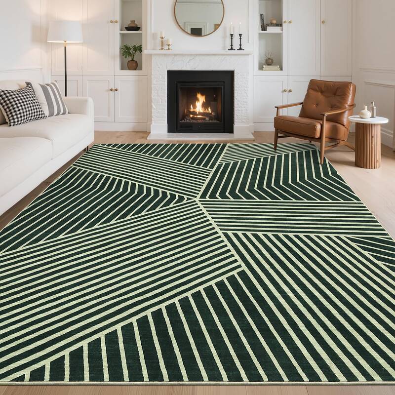 Garvee Washable 10x13 Green Rugs for Living Room Modern Geometric Stripped Indoor Carpet Non Slip Low Pile Extra Large Area R...