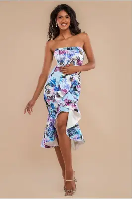 Goddiva Ruffled Floral Scuba Foam Bandeau Midi Dress - Blue
