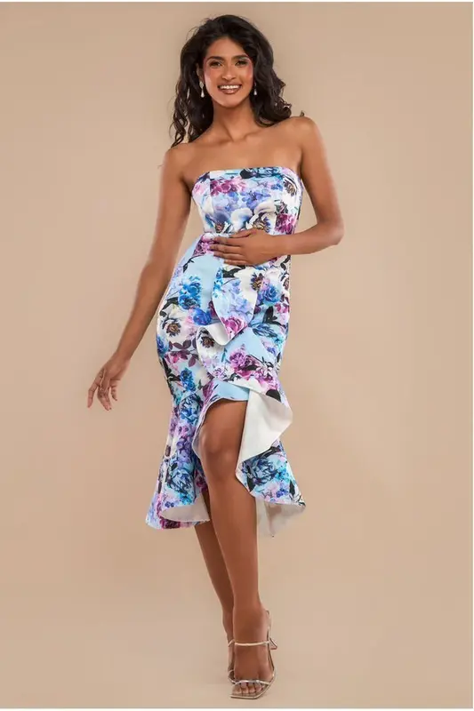 Goddiva Ruffled Floral Scuba Foam Bandeau Midi Dress - Blue