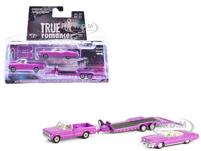 1974 Cadillac Eldorado Convertible Pink and 1972 Chevrolet C-30 Pickup Truck Pink with Heavy Duty Car Hauler \