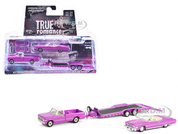 1974 Cadillac Eldorado Convertible Pink and 1972 Chevrolet C-30 Pickup Truck Pink with Heavy Duty Car Hauler \
