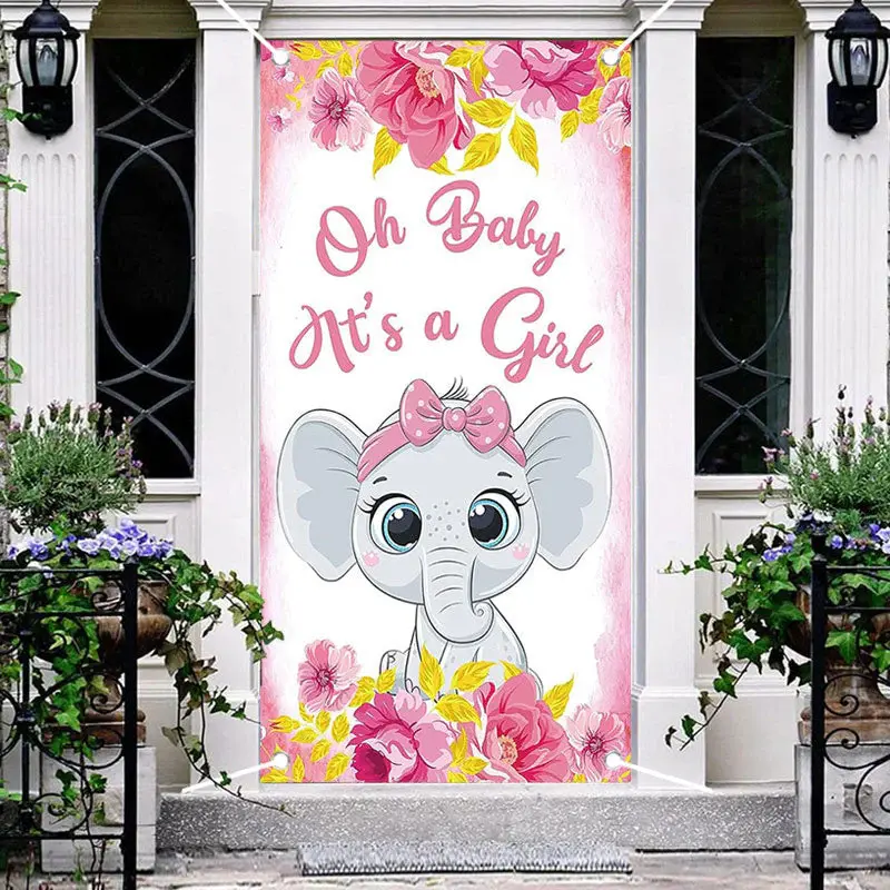 Pink Floral Elephant Girls Baby Shower Door Cover - Aperturee