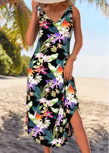 Modlily Black Tummy Coverage Floral Print A Line Sleeveless Dress - XL